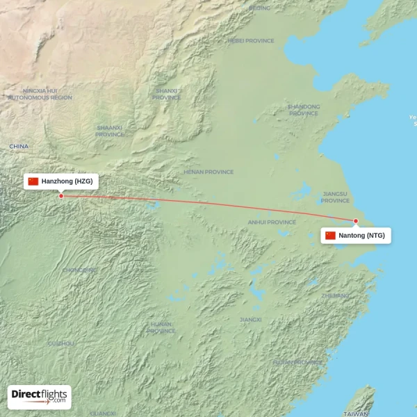 Hanzhong - Nantong direct flight map