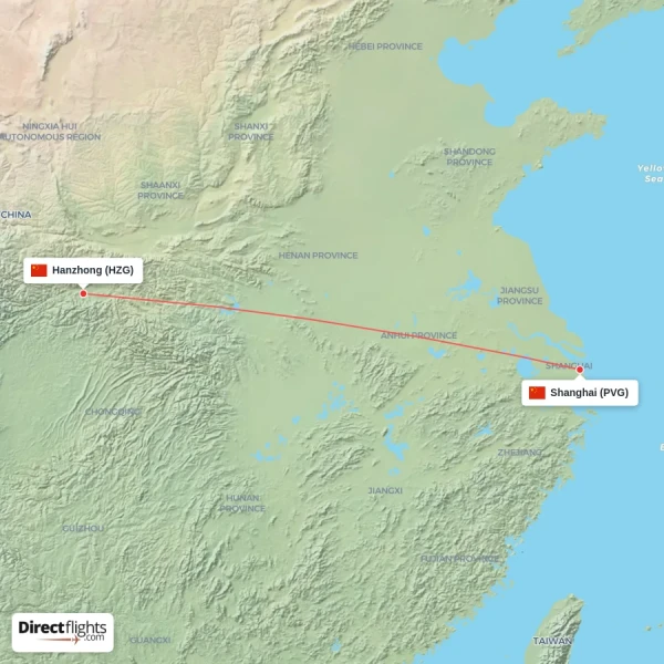 Hanzhong - Shanghai direct flight map