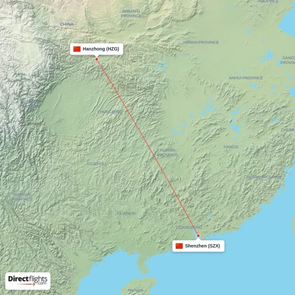 Hanzhong - Shenzhen direct flight map