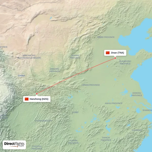 Hanzhong - Jinan direct flight map