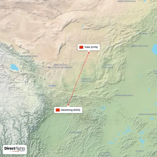 Hanzhong - Yulin direct flight map