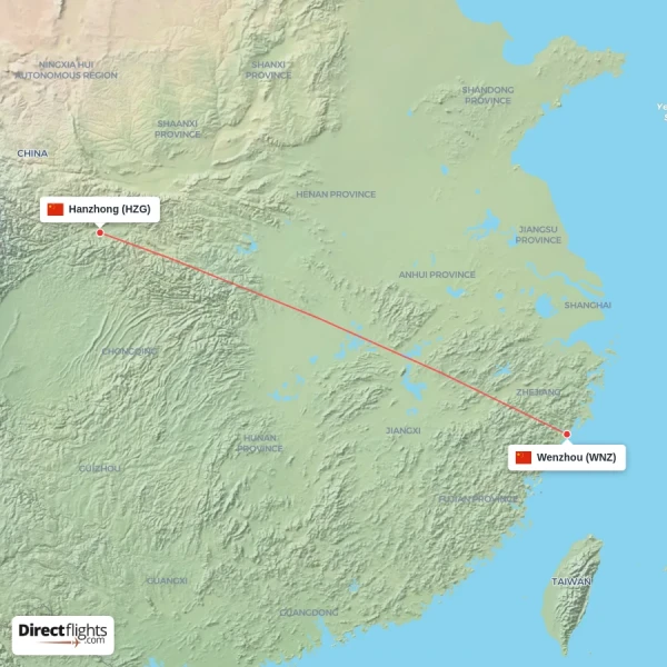 Hanzhong - Wenzhou direct flight map