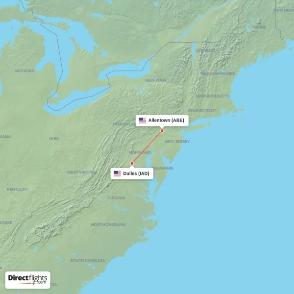 Dulles - Allentown direct flight map
