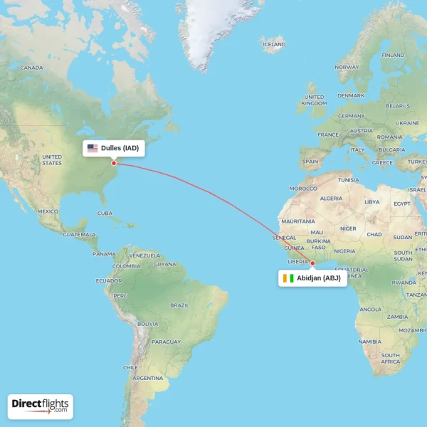 Dulles - Abidjan direct flight map
