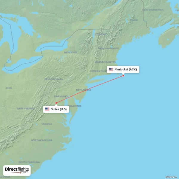 Dulles - Nantucket direct flight map