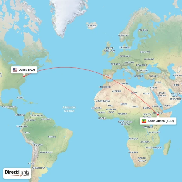 Dulles - Addis Ababa direct flight map