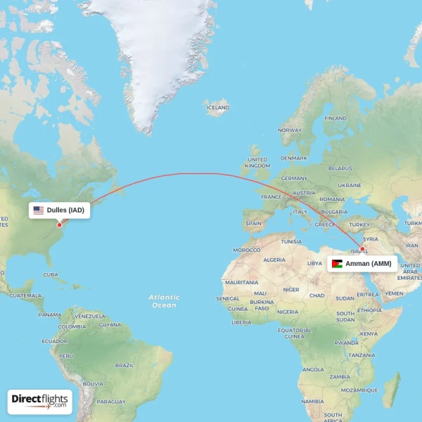 Dulles - Amman direct flight map