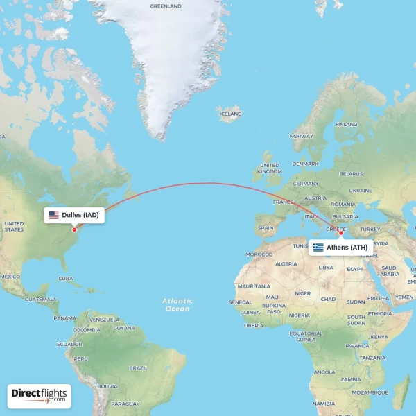 Dulles - Athens direct flight map