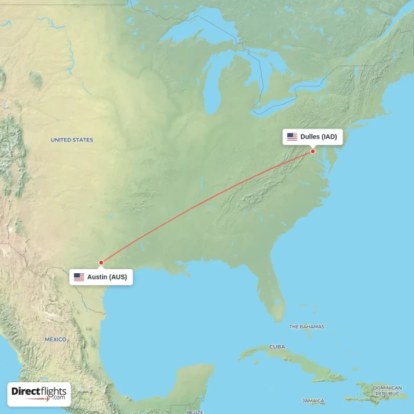 Dulles - Austin direct flight map
