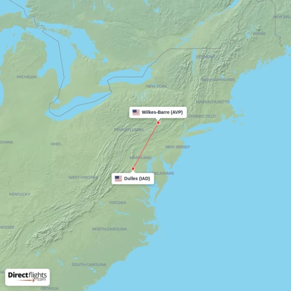 Dulles - Wilkes-Barre direct flight map