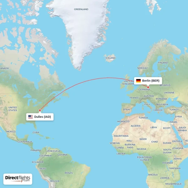 Dulles - Berlin direct flight map