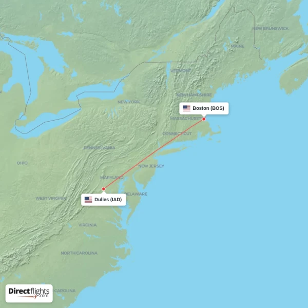 Dulles - Boston direct flight map