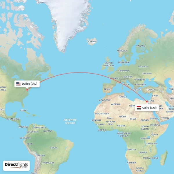 Dulles - Cairo direct flight map