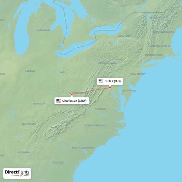 Dulles - Charleston direct flight map