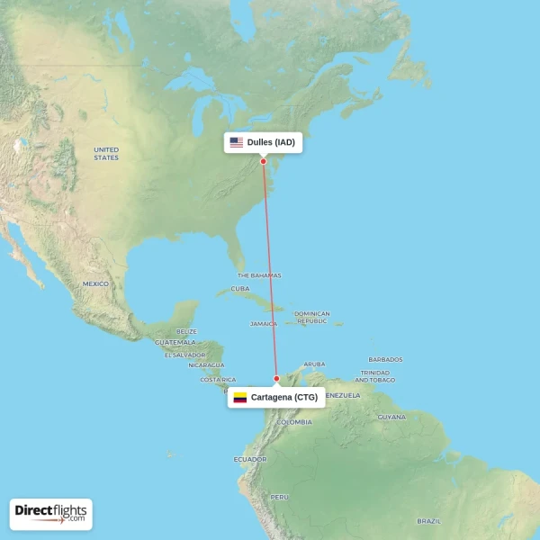 Dulles - Cartagena direct flight map