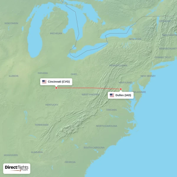 Dulles - Cincinnati direct flight map