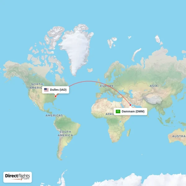 Dulles - Dammam direct flight map