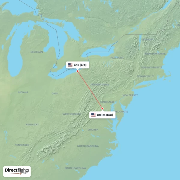 Dulles - Erie direct flight map