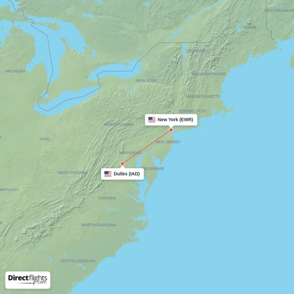 Dulles - New York direct flight map