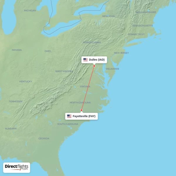 Dulles - Fayetteville direct flight map