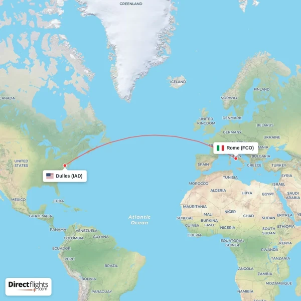 Dulles - Rome direct flight map