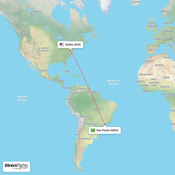 Dulles - Sao Paulo direct flight map
