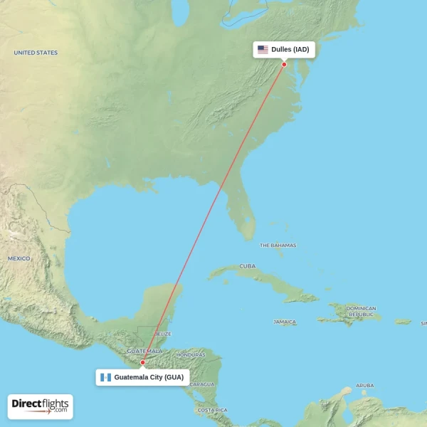Dulles - Guatemala City direct flight map