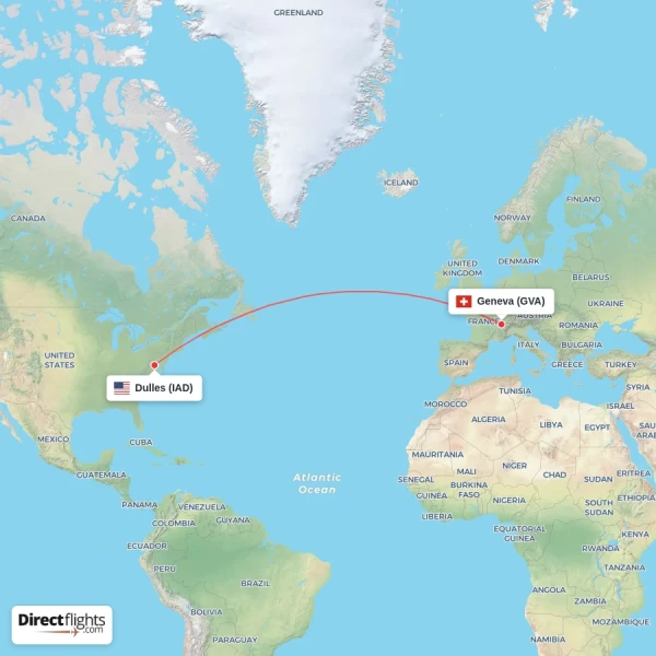 Dulles - Geneva direct flight map