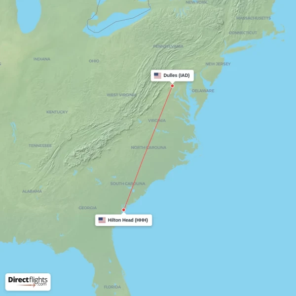 Dulles - Hilton Head direct flight map