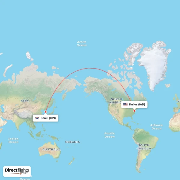 Dulles - Seoul direct flight map