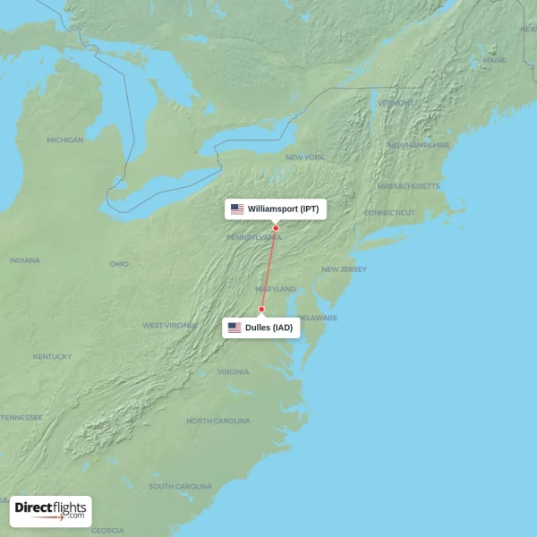 Dulles - Williamsport direct flight map
