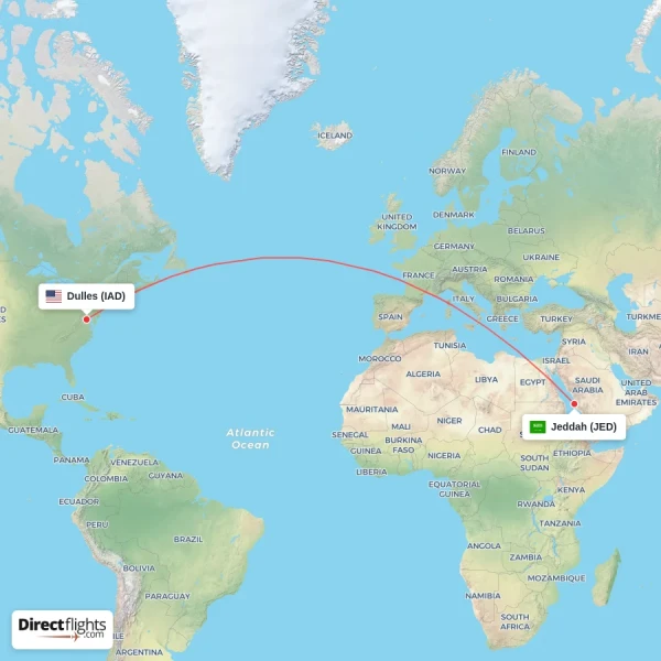 Dulles - Jeddah direct flight map