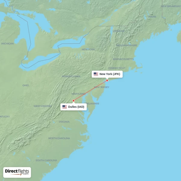 Dulles - New York direct flight map