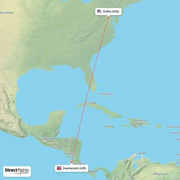 Dulles - Guanacaste direct flight map