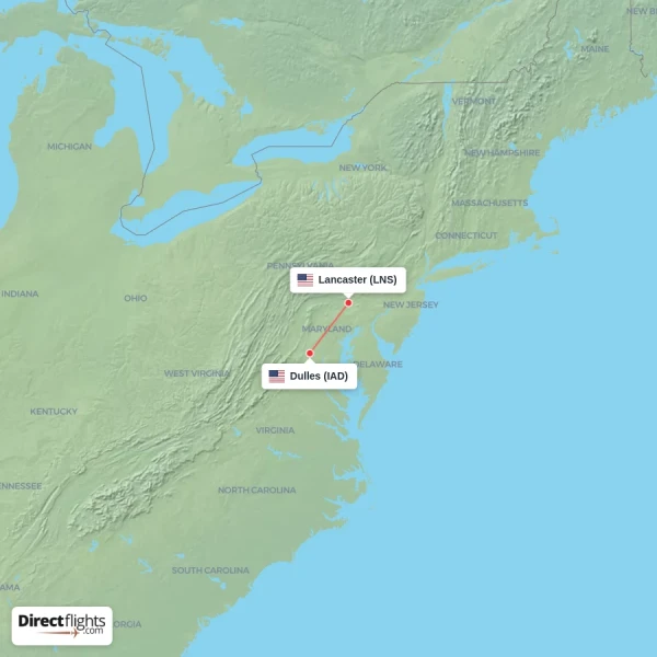 Dulles - Lancaster direct flight map
