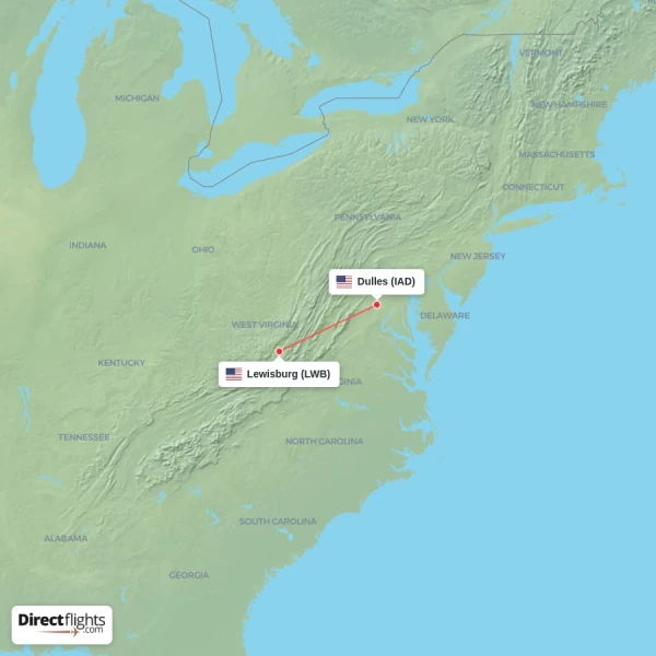 Dulles - Lewisburg direct flight map