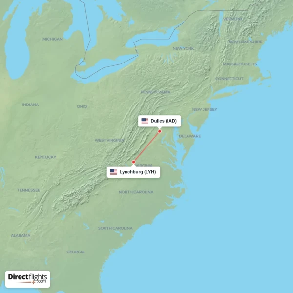 Dulles - Lynchburg direct flight map
