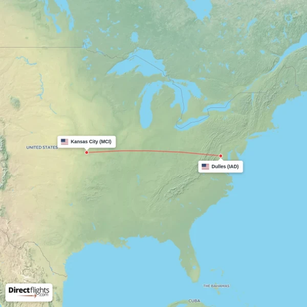 Dulles - Kansas City direct flight map