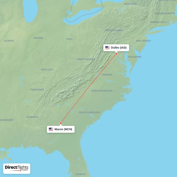 Dulles - Macon direct flight map