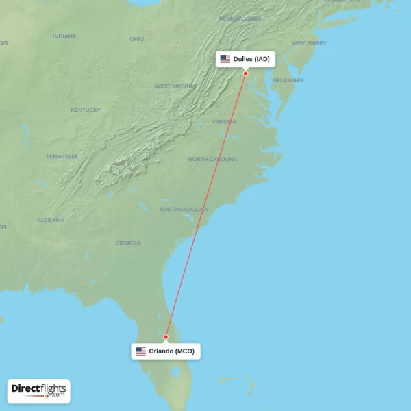 Dulles - Orlando direct flight map