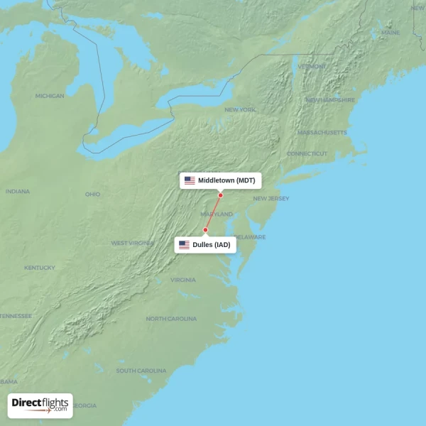 Dulles - Middletown direct flight map