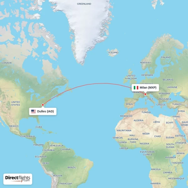 Dulles - Milan direct flight map