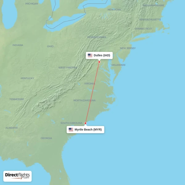 Dulles - Myrtle Beach direct flight map