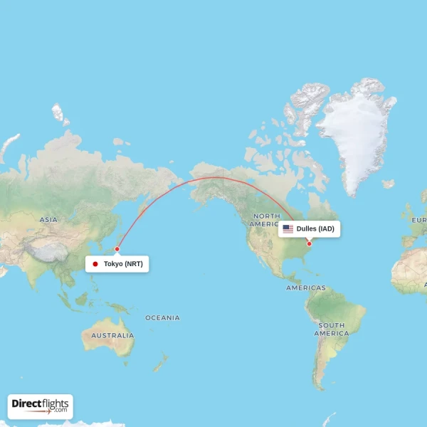 Dulles - Tokyo direct flight map
