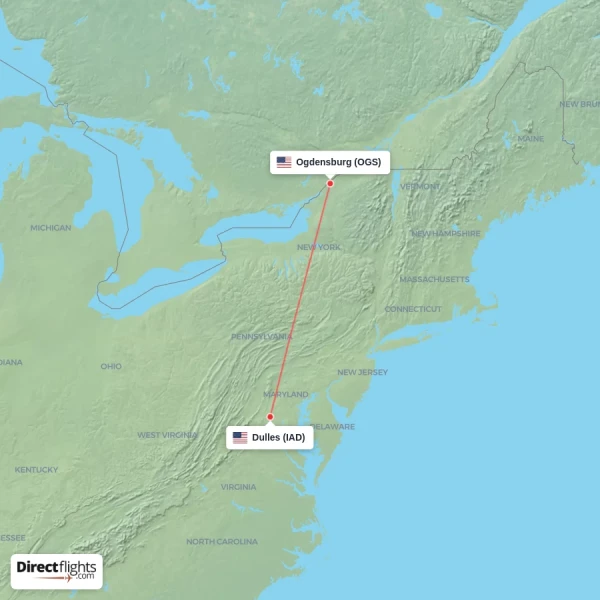Dulles - Ogdensburg direct flight map