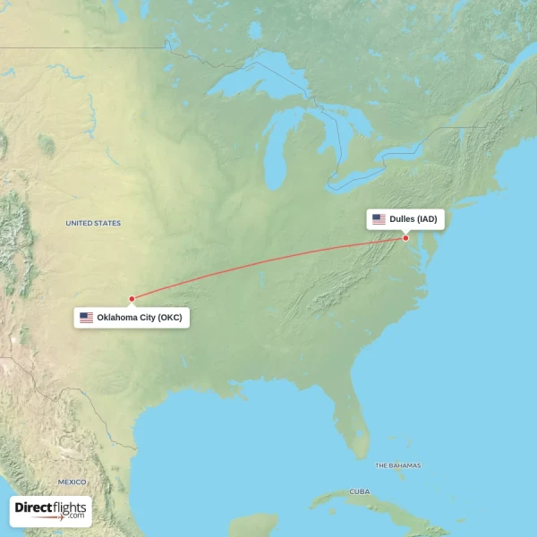 Dulles - Oklahoma City direct flight map