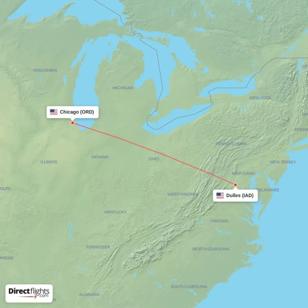 Dulles - Chicago direct flight map