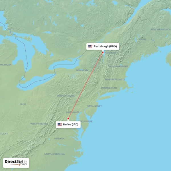 Dulles - Plattsburgh direct flight map