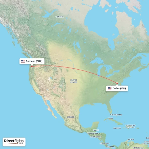 Dulles - Portland direct flight map
