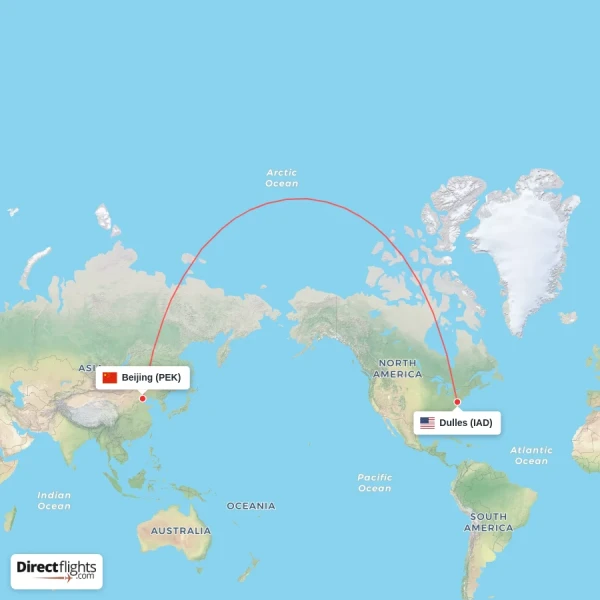 Dulles - Beijing direct flight map